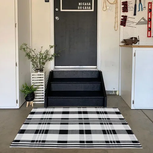 Miniatura 8 de Alfombra decorativa de otoño, 2 pies 4 pulgadas x 3 pies 7 pulgadas, alfombra de área a cuadros blancos y negros para interiores y exteriores