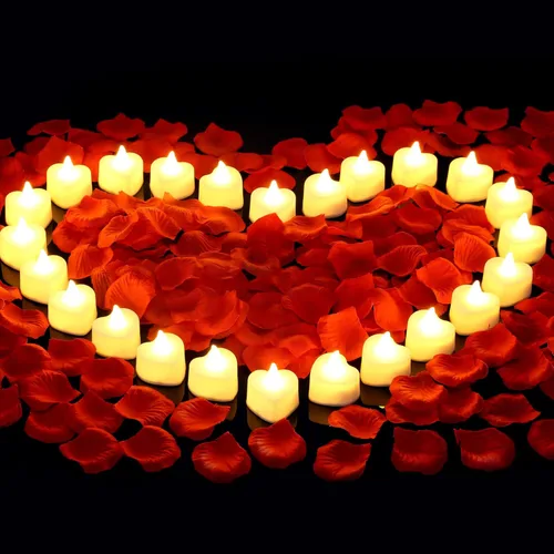 Miniatura 8 de Cridoz - Pétalos de rosa artificiales para noche romántica - Pétalos de rosa roja artificiales con velas LED para decoración, boda, día de San Rojo