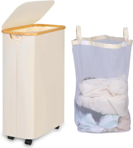 Miniatura 11 de iEGrow Cesta de lavandería delgada de 65L, cesta de lavandería estrecha con tapa, cesta de ropa plegable con asas de bambú, cesta de lavandería