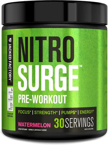 Miniatura 12 de Jacked Factory NITROSURGE Suplemento Pre Entrenamiento - Potenciador de Energía, Ganancias Instantáneas de Fuerza, Enfoque Claro y Bombeos Intensos