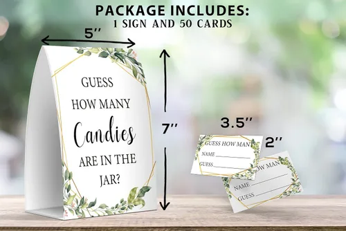 Miniatura 2 de Cuántos caramelos hay en el frasco, juegos de baby shower de vegetación, baby shower con temática de vegetación - un letrero y 50 tarjetas (GES05)