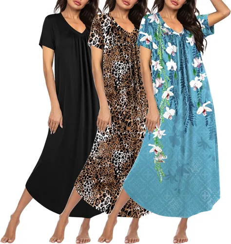 Miniatura 9 de Ekouaer Paquete de 3 camisones largos para mujer, talla grande, vestido de casa de manga corta, cuello en V, camisón casual, M-5XL