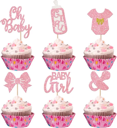 Paquete de 24 adornos para cupcakes con purpurina «It's a Girl» con lazo, revelación de género, para cupcakes, decoración de pastel de bienvenida