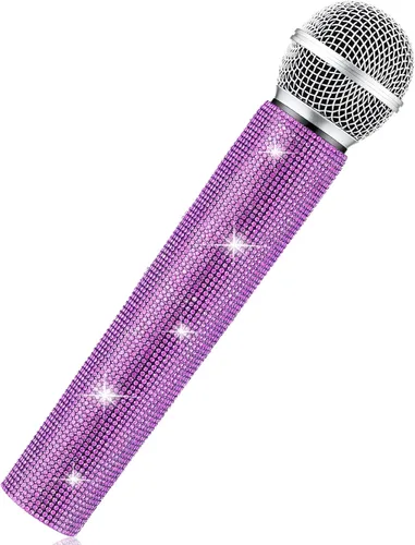 Miniatura 12 de Sanwuta Micrófono falso con diamantes de imitación brillantes, micrófono de juego de plástico con purpurina para disfraz de fiesta de cosplay