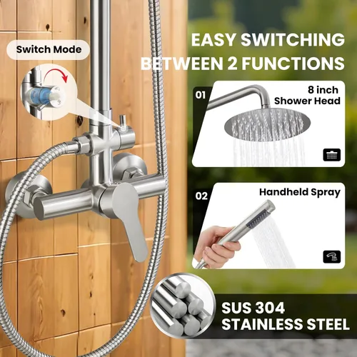 Miniatura 4 de gotonovo Accesorios para ducha al aire libre SUS304 Acero inoxidable Kit de ducha de lluvia de alta presión Montaje en pared 2 funciones duales