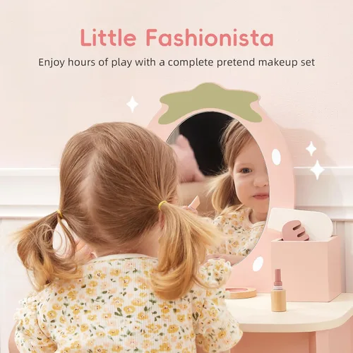 Miniatura 2 de OOOK Tocador para niños de 3 años, tocador de juguete para niños con accesorios de maquillaje, mesa de maquillaje para niños con cajón, color rosa