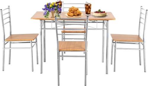 Juego de mesa de comedor PayLessHere, mesa de madera y 4 sillas modernas con patas de metal, muebles rectangulares para el hogar