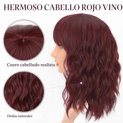 Miniatura 3 de AISI HAIR Peluca rizada estilo Bob con flequillo, pelucas cortas onduladas de color rojo vino para mujer, estilo Bob, pelucas sintéticas resistentes