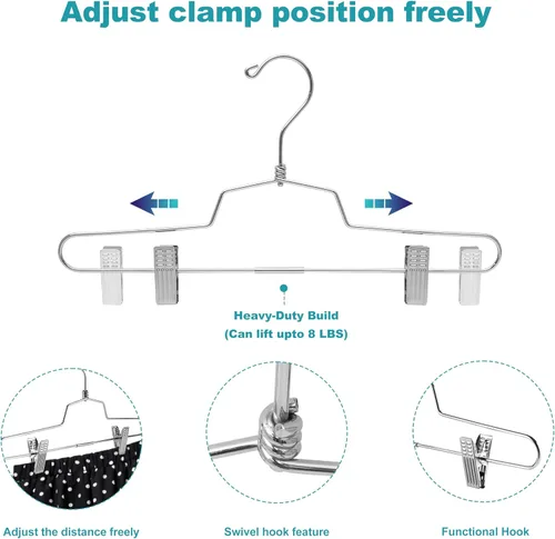 Miniatura 3 de Perchas de metal de calidad para faldas con clips que ahorran espacio, perchas para pantalones con clips y gancho giratorio de 360°, resistentes al