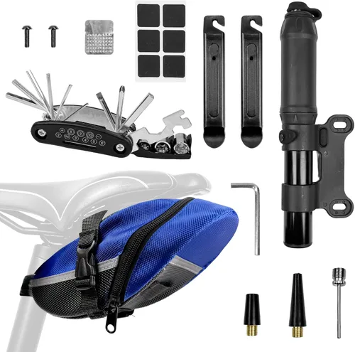 Bicycle Seat Bag Water Proof with Bike Tool Kit, Bike Repair Kit with Bike Tire Pump Blue Bicycle Repair Bag Portable Wrenches Glueless Tire Patchs