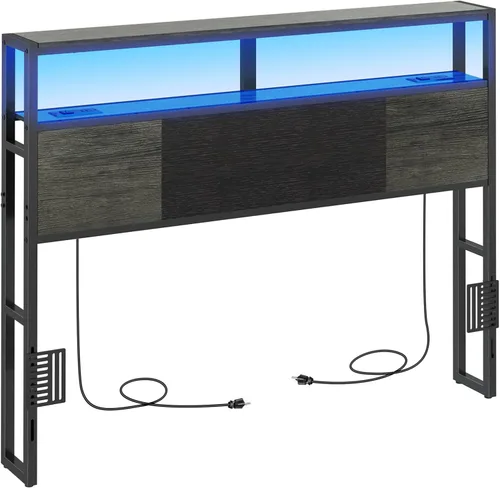 Livofloral Cabecera de tamaño completo, cabeceros con estación de carga, puerto USB y luz LED, tablero principal con estante de almacenamiento de 2
