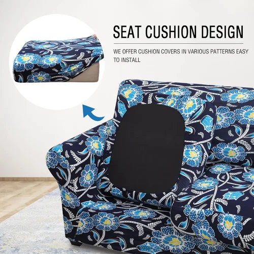 Miniatura 2 de hyha Funda para sofá, diseño floral, elástica, estampada, 4 piezas, fundas para sofá de 3 cojines separados, protector de muebles lavable para Azul