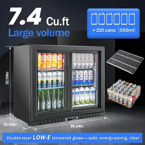Miniatura 2 de Enfriador de barra trasera con 2 puertas de vidrio, refrigerador comercial de bebidas bajo mostrador, 7.4 pies cúbicos, ETL, refrigeradores
