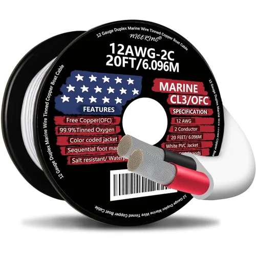 Cable marino dúplex de calibre 12, cable de cobre estañado para barco, 20 pies, 12 AWG, estándar de EE. UU., OFC, alambre de cobre libre de oxígeno
