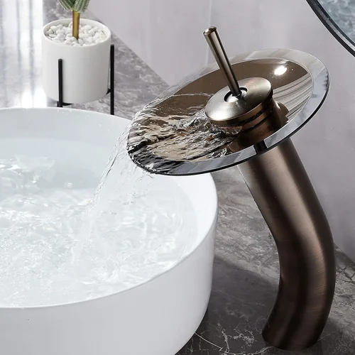 Grifo de baño en cascada de vidrio con una sola manija de latón macizo, lavabo de lavabo, alto, bronce aceitado Bronce frotado con aceite