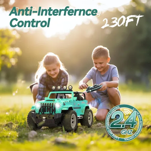 Miniatura 6 de DEERC Coche de Control Remoto con Neblina y Música, Camión de Control Remoto 1:16 para Niños, Juguete de Coche RC de 2.4Ghz con 2 Baterías, Regalo