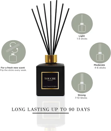 Miniatura 8 de TOUCHE Difusor de caña natural de lujo. Fragancia perfumada para el hogar de larga duración. Aceite esencial natural sin alcohol. Botella de vidrio