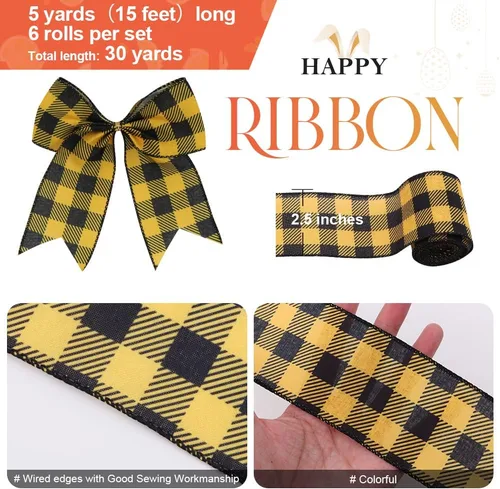 Miniatura 5 de 6 rollos de cinta de abeja de 30 yardas, cinta de borde con cable, cinta de miel para envoltura de manualidades de primavera y verano, rayas de 2.5