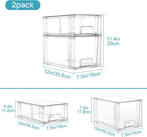 Miniatura 3 de Vtopmart Paquete de 4 cajones de almacenamiento apilables transparentes, para debajo del fregadero y la cocina, cajones de plástico fáciles