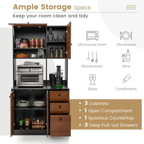 Miniatura 5 de Giantex Despensa de cocina, buffet con 3 armarios de almacenamiento, armario grande de piso de 71 pulgadas con 3 cajones profundos, encimera ancha