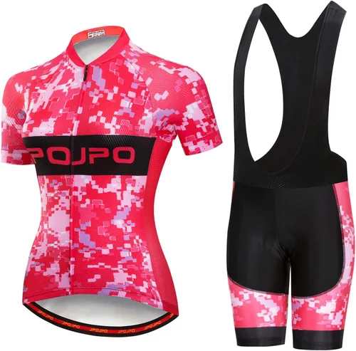 Miniatura 110 de Camiseta de ciclismo para mujer, manga corta y pantalones cortos de ciclismo acolchados para verano