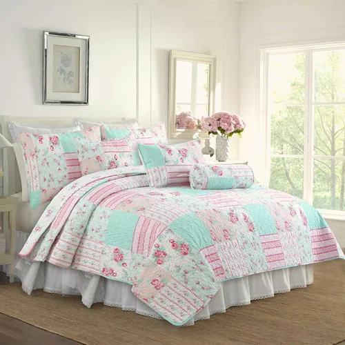 Miniatura 22 de Cozy Line Home Fashions - Juego de ropa de cama, colcha reversible con dulce estampado floral durazno y rosa claro en 3D con parches reales 100 %