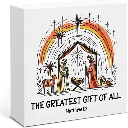 Decoración de Navidad cristiana, el mejor regalo de todos, letrero de madera, decoración de Navidad para el hogar para escritorio, estante de mesa