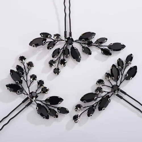 Miniatura 2 de Teyglen Juego de 3 horquillas para el cabello con diamantes de imitación negros, piezas de cristal hechas a mano y accesorios para novias, mujeres