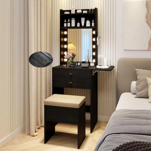 Miniatura 2 de CHARMAID - Escritorio pequeño de tocador con espejo y luces, mesa de tocador de maquillaje con estación de carga, cajones, estantes, mesa lateral