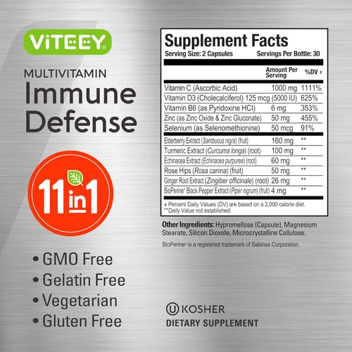 Miniatura 4 de Suplemento multivitamínico de defensa inmunológica 11 en 1 – Cápsulas de refuerzo inmunológico con vitamina D3, vitamina B6, equinácea, cúrcuma