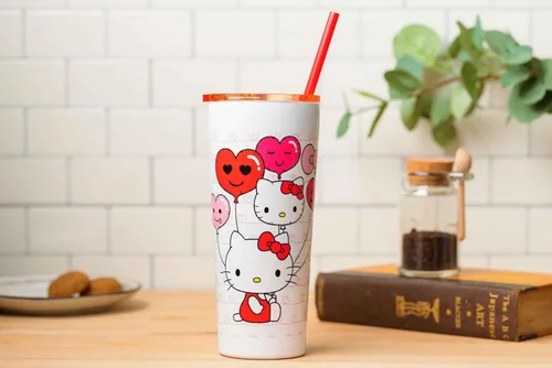 Miniatura 7 de Silver Buffalo Hello Kitty Globos de Corazón Vaso Térmico de Acero Inoxidable de Doble Pared con Pajilla, 22 Onzas Globos de corazón de Hello Kitty