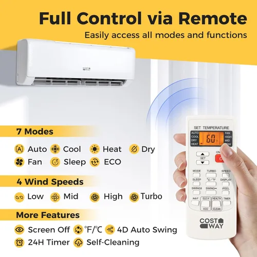 Miniatura 6 de COSTWAY Aire acondicionado mini split de 12,000 BTU, con bomba de calor, Energy Star, inversor 21 SEER2, temporizador de 24 horas, limpieza