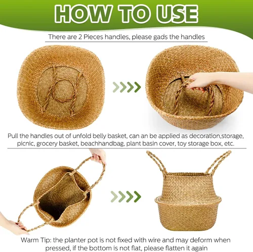 Miniatura 2 de Qunclay 4 Cestas Tejidas de Hierba Marina Belly Basket Plegable Boho Natural Maceta con Asas Redonda Decorativa de Mimbre Grande para Interiores