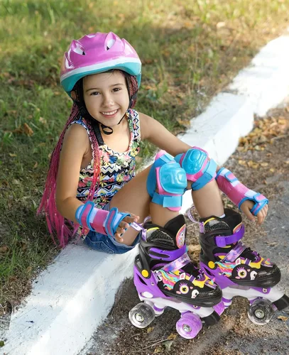 Miniatura 7 de Dino - Patines de ruedas para niños y niñas, WESKIFAN Dinosaur Quad Skating Shoes con ruedas brillantes y tamaños ajustables para principiantes