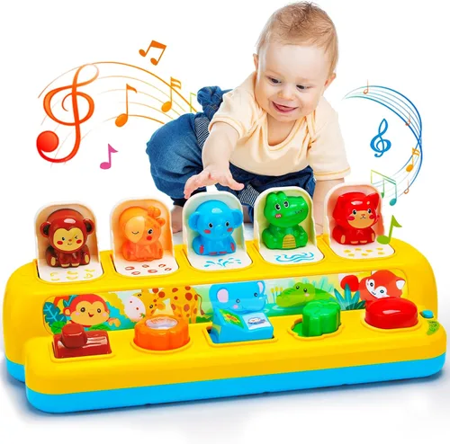 Juguetes interactivos emergentes de animales con música y luz, juguetes Montessori de causa y efecto para niños y niñas de 1 año, juguete musical
