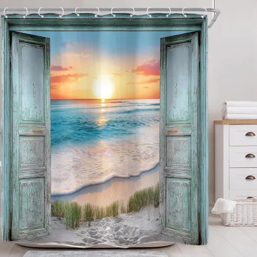 Miniatura 16 de Riyidecor Cortina de ducha para puerta de granero verde azulado para decoración de baño, 36 pulgadas de ancho x 72 pulgadas de alto, paisaje