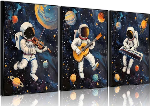 Miniatura 9 de 3 piezas de arte de pared de astronauta espacial musiic lienzo lindo astronauta músico decoración imágenes divertidas piano guitarra violín carteles