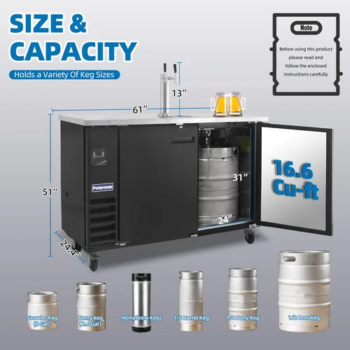 Miniatura 3 de Polarman Dispensador de cerveza Kegerator de 16.6 pies cúbicos con doble grifo para bares y restaurantes con 2 acopladores, bandeja de goteo de 33