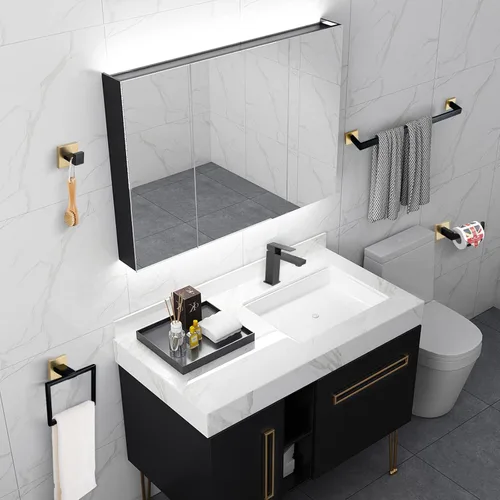 Miniatura 7 de Juego de 4 soportes para toallas de baño, juego de accesorios de baño de acero inoxidable negro y dorado, montaje en pared, 23.6 pulgadas