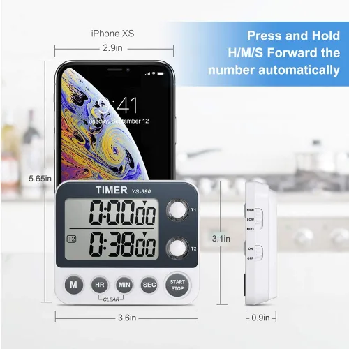 Miniatura 4 de Temporizador digital de cocina de cocina, doble cuenta hacia arriba y hacia abajo con parte trasera magnética, pantalla grande, volumen ajustable