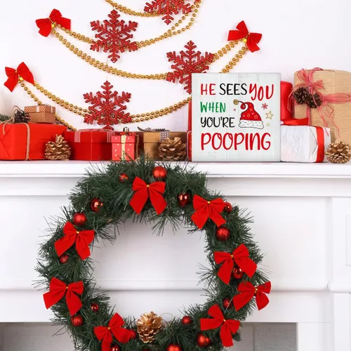 Miniatura 6 de Decoraciones de Baño de Navidad - Decoración Divertida de Navidad, Él Te Ve Cuando Estás Haciendo Popó Letrero de Madera de Baño, Decoración