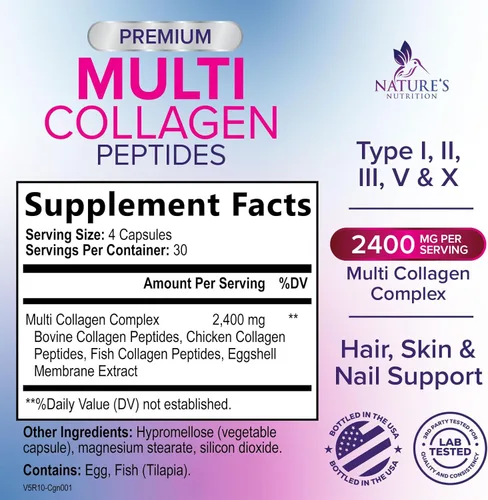Miniatura 2 de Píldoras de colágeno múltiple de 2400 mg – Tipos avanzados I, II, III, V, X – Píldoras de péptidos de colágeno hidrolizados, suplementos de colágeno