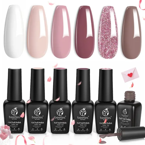 Beetles - Juego de esmaltes de uñas de gel para boda, 6 colores, color nude, rosa, malva, blanco, con brillantina, para remojar con luz UV LED, arte