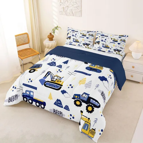 Miniatura 3 de Juego de edredón de camión de construcción para niños, tamaño individual, juego de ropa de cama de automóviles de dibujos animados para niños