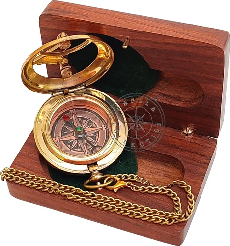 Miniatura 3 de Reloj de sol hecho a mano con botón de dirección con cadena y caja de madera, reloj de sol de bolsillo de brújula de latón, regalo de bautismo