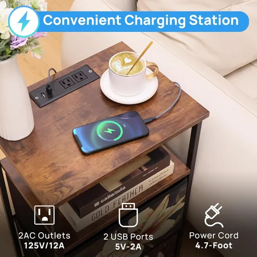Miniatura 5 de ALBAD Mesita de noche con estación de carga/carga, mesita de noche LED para dormitorio, mesita de noche con cajones de almacenamiento, mesa auxiliar