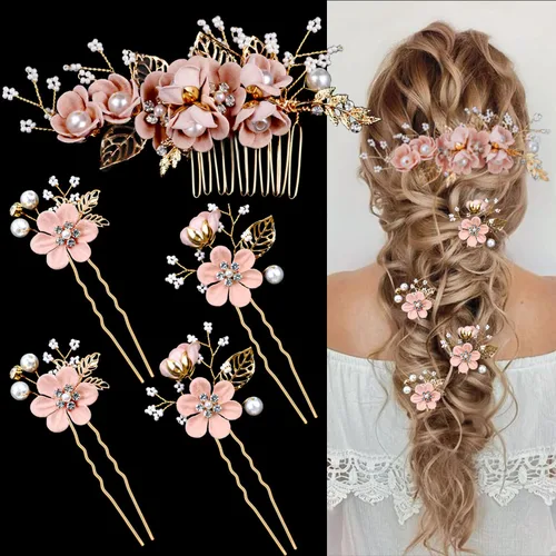 5 Piezas Horquillas de Flores Nupciales para Cabello de Boda Peines de Cabello de Cristal y Perla Clips Tocado Dorado Accesorios de Cabello de Boda
