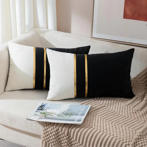 Miniatura 18 de ZLINA Juego de 2 fundas de almohada decorativas de terciopelo verde aguamarina y blanco con parches y cuero dorado de 16 × 16 pulgadas, fundas
