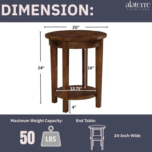 Miniatura 3 de Alaterre Furniture Revive - Mesa auxiliar redonda de 20 pulgadas con estante inferior para almacenamiento y personajes de madera únicos, muebles