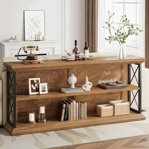 Miniatura 9 de Mesa de consola larga de 63 pulgadas con 3 niveles de almacenamiento para entrada, mesa de sofá de madera detrás del sofá para pasillo de sala